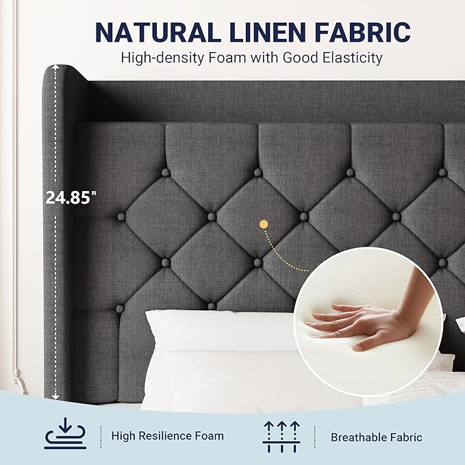 Allewie King Size Bed Frame, Storage Headboard with Charging Station,Wingback Linen Upholstered, Diamond Stitched Button Tufted, Sturdy Wooden Slats, No Box Spring Needed, Easy Assembly, Dark Gray