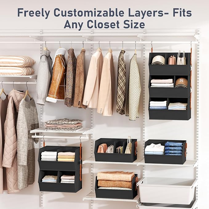 DIMJ Hanging Closet Organizer Extra Large, Clothes Hanging Shelves for Closet with Divider, Collapsible Closet Storage System, Fabric Storage Bins for Home, Black, 15.75 × 12.20 × 9.44, 3 Pack