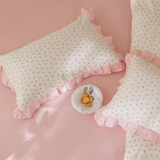 mixinni Pink Floral Duvet Cover Set Twin Size – 100% Cotton Ruffle Lace Bedding, Romantic Blushing Flower Print, Reversible Striped Pattern, Cottagecore Soft Aesthetic Princess Bedding for Girls