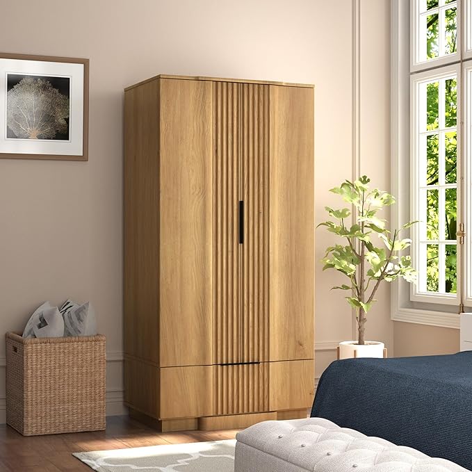 Brafab 67" Fluted Armoire Wardrobe Closet Set of 2 with Drawers and Doors, Wooden Wardrobe Cabinet with Adjustable Shelves, Modern Storage for Clothes, Coats for Bedroom,Natural Wood(2 pcs)