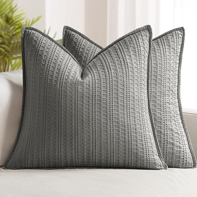 Set of 2 Decorative 100% Cotton Waffle Euro Sham Pillow Covers 24x24, Neutral Throw Pillows Weave European Cushion Cases for Couch Sofa Bed Modern Farmhouse Home Decor, Dark Grey