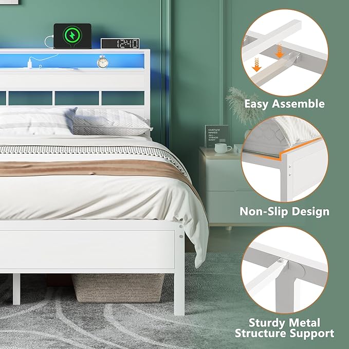 Furnulem Full Size Bed Frame with LED Light and Charging Station, Wood Storage Headboard with 2-Tier Shelves, Metal Platform Bed with Heavy Duty Slats Support, No Box Spring Needed, White
