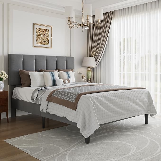 VECELO Queen Bed Frame with Upholstered Headboard, Heavy-Duty Platform Bedframe with Strong Wooden Slats Support, No Boxing Spring Needed, Dark Grey