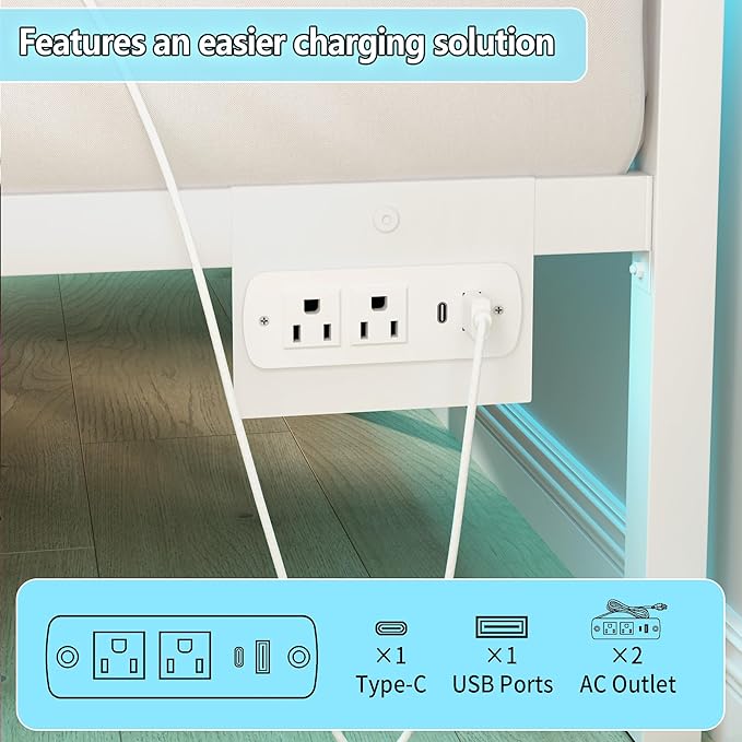 CLIBFENG Queen Bed Frame with Headboard,Heavy Duty Steel Slats Support-LED Bed Frame with USB Charging Station,Mattress Foundation-Under Bed Storage,No Box Spring Needed,Noise Free,White