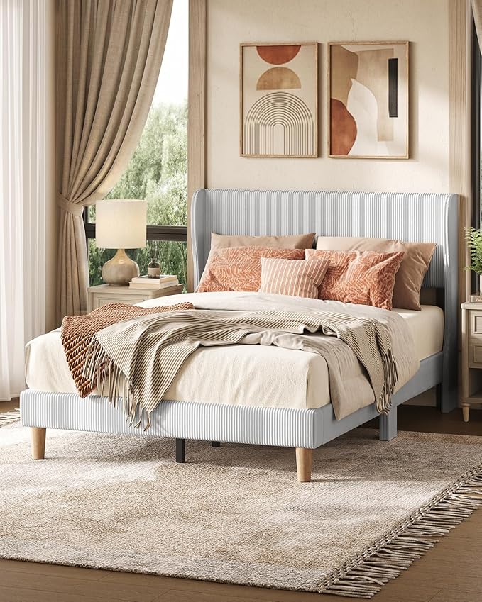 Bestier Full Bed Frame with Wingback Headboard,Upholstered Platform Full Size Bed with Strong Wooden Slats,No Box Spring Needed,Never Squeaks,Easy Assembly,Light Grey