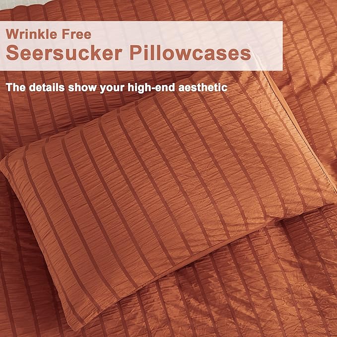 AveLom Terracotta Seersucker Duvet Cover Set King Size (104 x 90 inches), 3 Pieces (1 Duvet Cover + 2 Pillow Cases), Ultra Soft Washed Microfiber, Textured Duvet Cover with Zipper Closure, Corner Ties