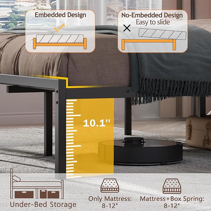 Ourpic Queen Bed Frame with Led Lights and Charging Station, Bed Queen Size Frame with Headboard and Under Bed Storage, Black Metal Platform Bedframe and Storage Shelf, Easy Install