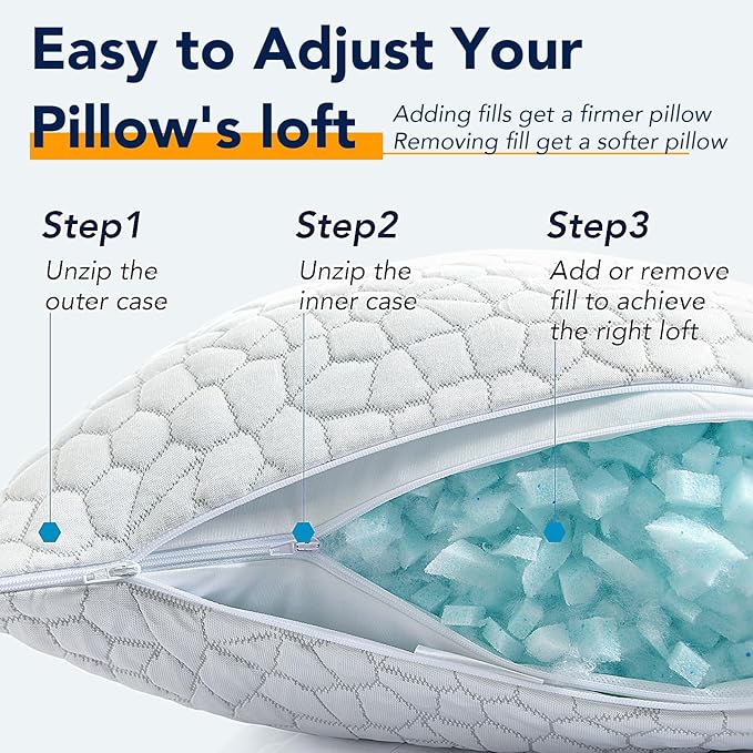 QUTOOL Cooling Pillow for Sleeping, CertiPUR-US Shredded Memory Foam Queen Pillows Set of 2, Cool Pillow for Hot Sleepers Adjustable Firm Pillow for Side, Back, Stomach Sleepers Soft Yet Support,White