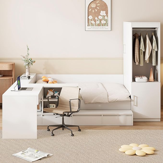 SOFTSEA Full Size Daybed with Wardrobe, L-Shaped Desk, 6 Drawers & USB Ports, Wooden Platform Bed with Open Shelves & Under Bed Storage, Space-Saving Corner Bed for Kids Teens, White