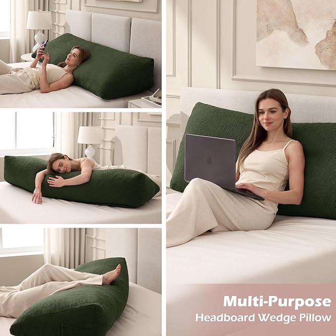 Headboard Pillow Twin, Triangle Bed Wedge Pillow for Headboard, Backrest Pillow for Sitting up, Reading, Working, Headboard Daybed Pillow with Removable Cover for Bed, Dorm Sofa, Dark Green