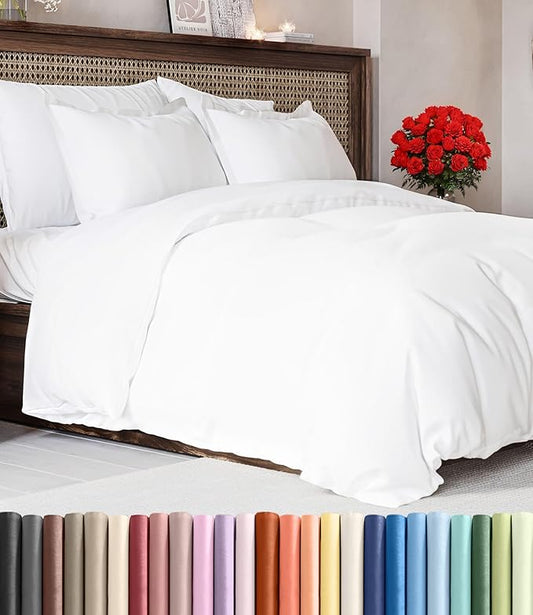 Duvet Cover Super Queen Size Set - Extra Soft Super Queen Duvet Cover with 2 Pillow Shams - Hotel Luxury, Easy Care & Fade Free w/ Zipper Closures & Ties - All Season, Comfy and Breathable (White)