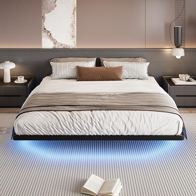 SHA CERLIN Floating Bed Frame King Size with Smart LED Lights and Charging Station, Heavy Duty Metal Platform Bed with Modern Design,No Box Spring Needed, Easy Assembly, Matte Black