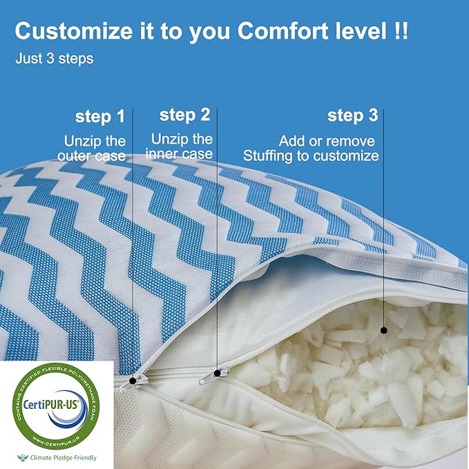 Pillows Standard Size - Adjustable Firm Pillow for Back Stomach and Side Sleeper - Shredded Memory Foam Cooling Pillow for Neck and Shoulder Pain with Washable Cover and Bonus Foam Fill