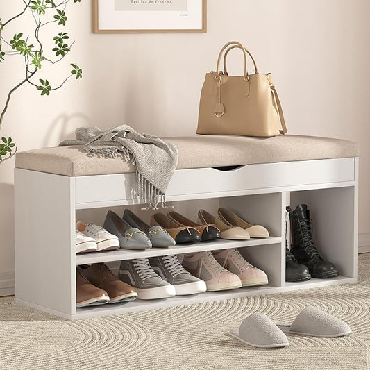 Apicizon 39 Inches Storage Bench with Padded Cushion, Shoe Bench with Storage Space, Upholstered Entryway Bench for Living Room, 2-Tier Shoe Rack Organizer, White