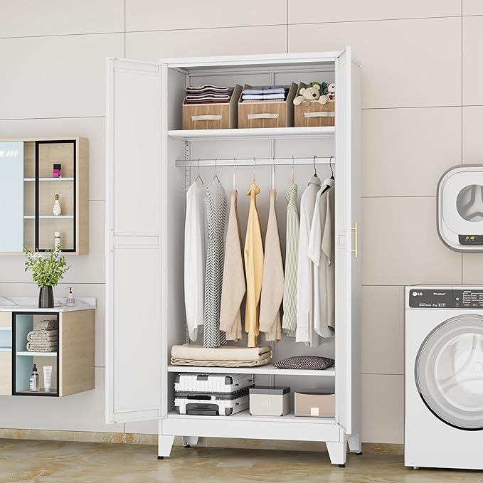 erosoei 71 "Metal Armoire Wardrobe Closet, Steel Clothing Storage Cabinet with Adjustable Shelves and Hanging Rod, Household Steel Wardrobe Storage Cabinet with Adjustable Standing feet (White)