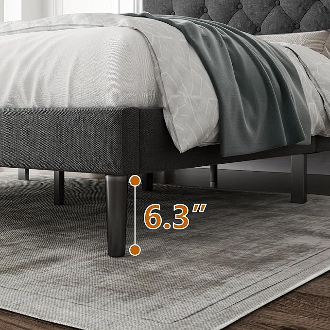 CXVX Twin Size Platform Bed Frame with Upholstered Headboard, Button Tufted Design, Strong Wooden Slats, No Box Spring Needed, Easy Assembly, Noise Free