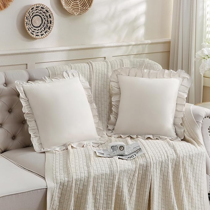 Merryword Beige Pillowcases 18x18 Throw Pillow Covers Pack of 2 Soft Microfiber Ruffle Decorative Pillowcase Cushion for Couch Sofa Bedroom