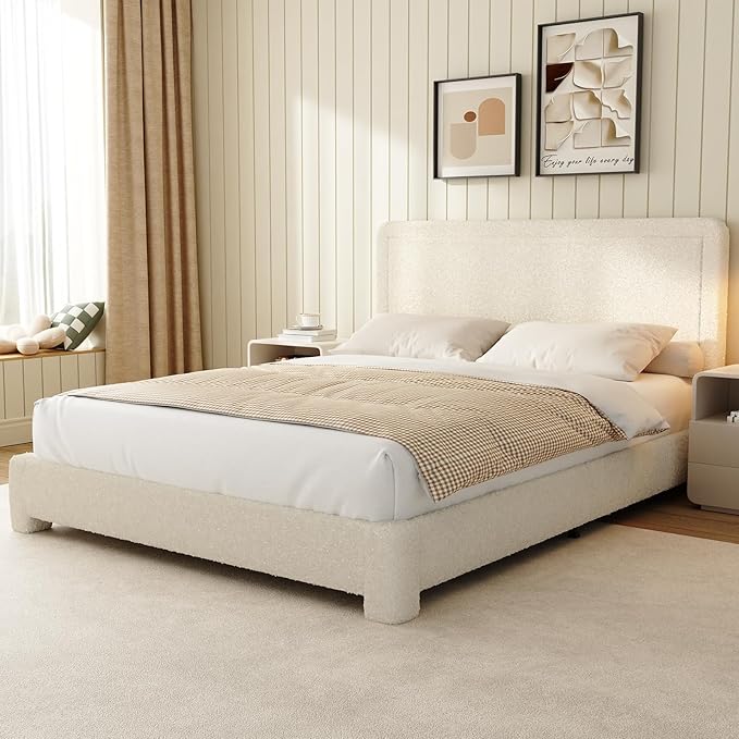 WEUP Queen Size Boucle Bed Frame, Modern Cream Bed Frame with Headboard, Soft Rounded Corners, No Box Spring Required, Adjustable Headboard, Easy Assembly