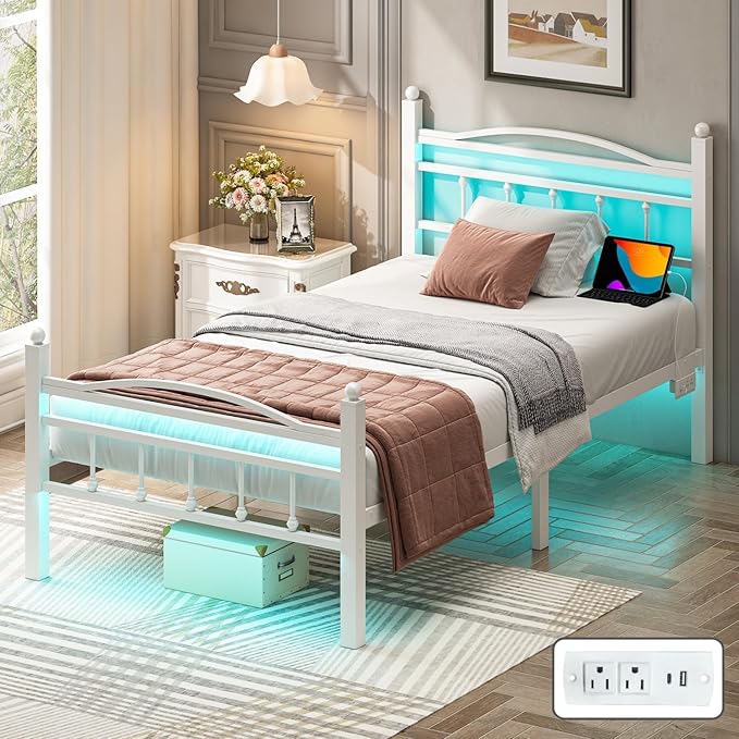 Jenmit Twin Bed Frames with Headboard, LED Bed Frame with Charging Station, Metal Platform, Under-Bed Storage, No Box Spring Needed, Noise Free, Easy Assembly, White