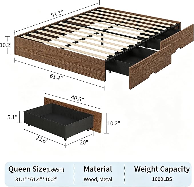 IDEALHOUSE Queen Bed Frame with 2 Storage Drawers, Wooden Bed Frame Without Headboard, Minimalist Floor Platform Bed, Wood Slat Support, Noise Free, No Box Spring Needed, Easy Assembly