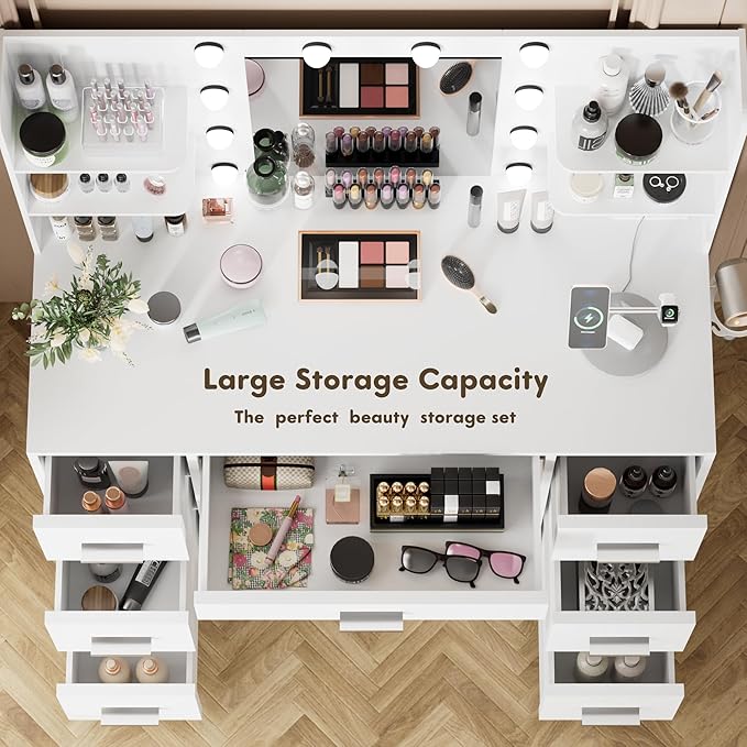 YESHOMY Vanity Desk with Mirror, Power Outlet and 10 Lights, Makeup Table with 7 Drawers, 3 Color Modes Available for Bedroom, Pure White