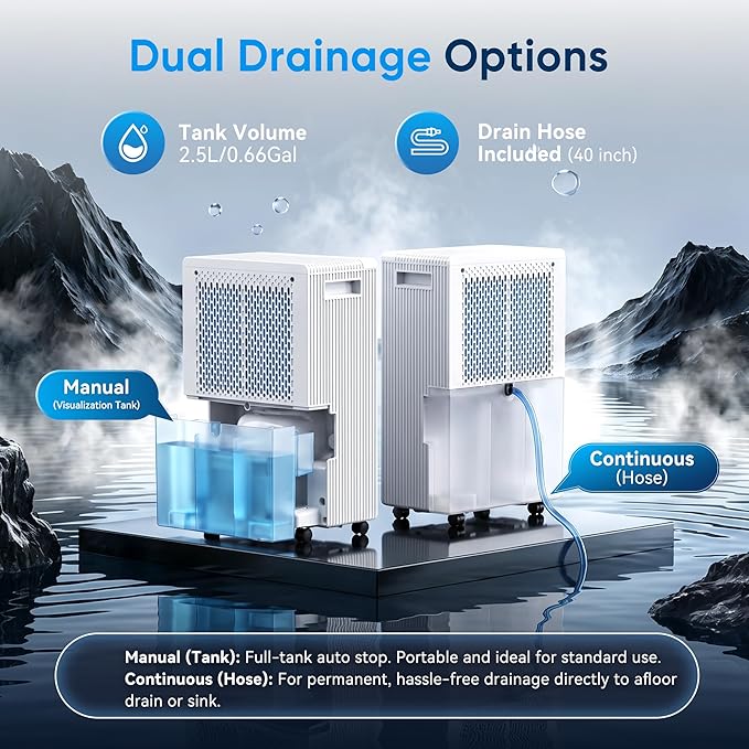 2500 Sq.Ft Dehumidifier for Basement with Drain Hose, Max 34 Pints Dehumidifiers for Home, Bedroom, Bathroom, Basement, Smart Humidity Presets, Three Modes, 24HR Timer, Quiet Operation