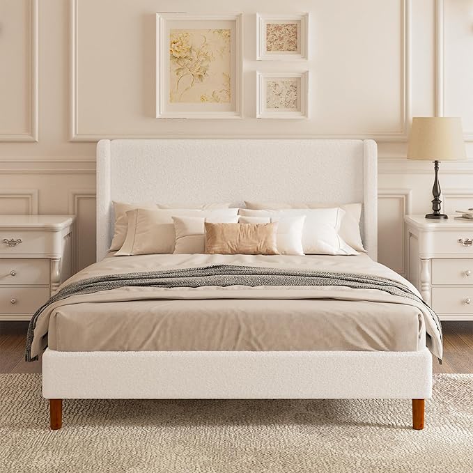 Full Boucle Upholstered Platform Bed Frame with Adjustable Wingback Headboard, Cloud Bed with Solid Wood Legs, No Box Spring Needed, Easy Assembly, White