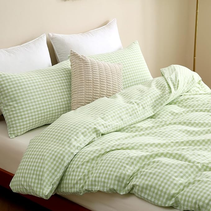 TOCOMOA Plie Green Gingham Duvet Cover Bedding Set 100% Washed Cotton Like Linen Feel Super Soft Comfy 3 Piece Vintage Plaid Checkered Comforter Cover Set (King 104"x90", Comforter Not Included)