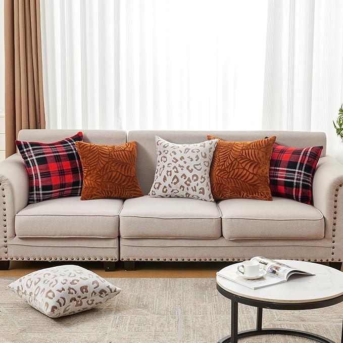 SOCHOW Fall Decorative Throw Pillow Covers 20x20 Inches Set of 2, Soft Leaves Textured Flannel Fleece Pillowcase Square Cushion Covers for Sofa Couch Bed, Caramel