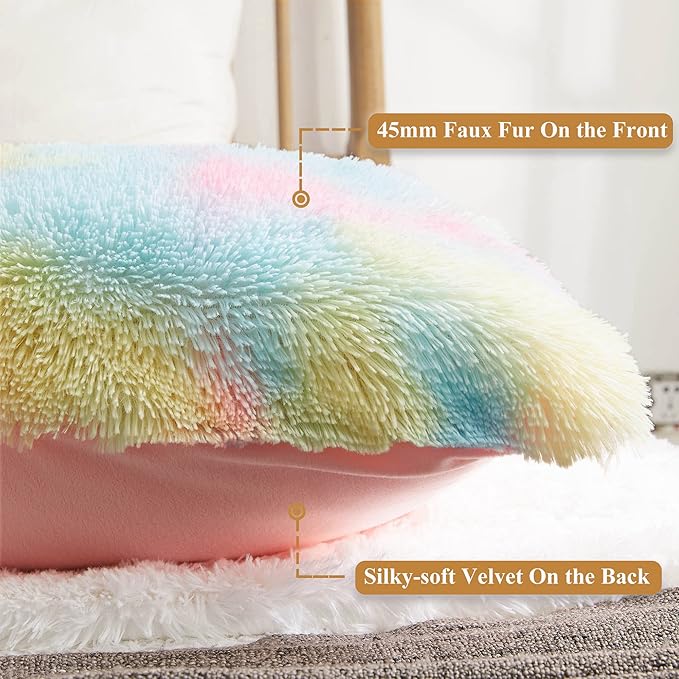 XeGe Rainbow Shaggy Faux Fur Body Pillow Cover, Tie Dye Fluffy Bed Pillow Case with Zipper, Soft Decorative Plush Long Pillow Sham, Fuzzy Hug Pillow for Kids Children Girls Women 20"x54" Rainbow