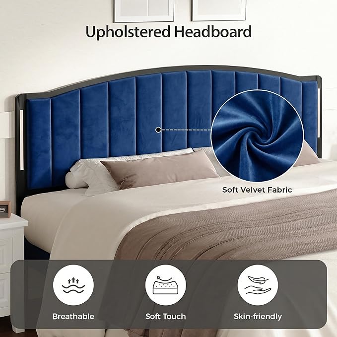 Headboard for Queen Size Bed with LED Lights, Upholstered Vertical Channel Tufting Head Boards, Velvet Headboard Only, Attach Frame, Ideal for Bedroom, Dorm, Guest Room, Blue