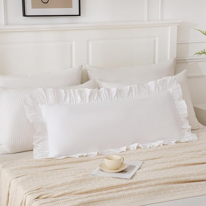 14x36 inches Off White Ruffled Lumbar Pillow Cover 1 Piece, Pure Washed Cotton Soft Decor Pillowcase Farmhouse Vintage Cushion Cover for Bed Livingroom
