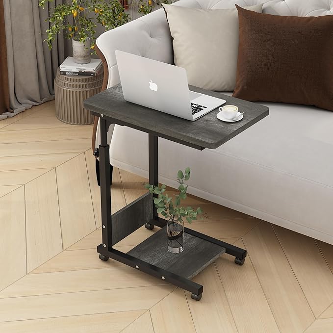 TigerDad Adjustable Height C Table Sofa Side Bedside Table with Wheels, Hospital Bed Table Rolling Tray with Storage, Mobile Computer Desk Laptop Table for Home Use,Gray