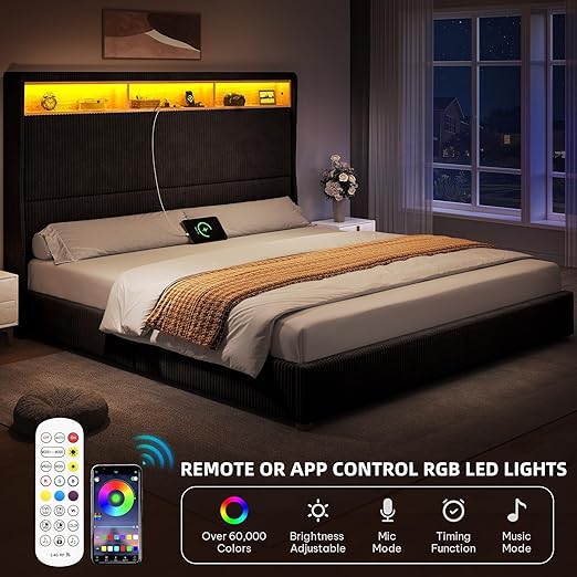 DWVO King Size Corduroy Upholstered Platform Bed Frame with Charging Station and RGB LED Lights, 53’’ Tall Storage Wingback Headboard, No Box Spring Needed, Easy Assembly, Noise-Free, Black