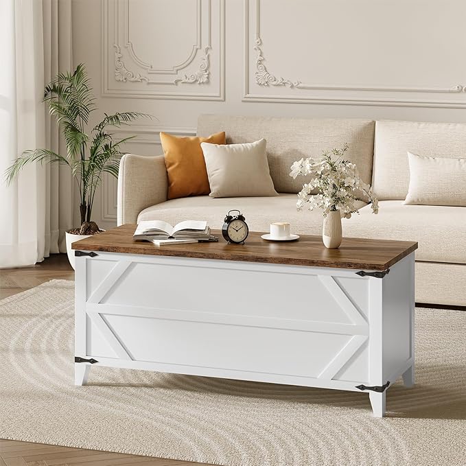 HOOBRO 47.2" Toy Box, Storage Bench with Safety Hinges, Toy Chest Storage, Wooden Storage Chest for Bedroom, Living Room, White and Walnut WH16CW01