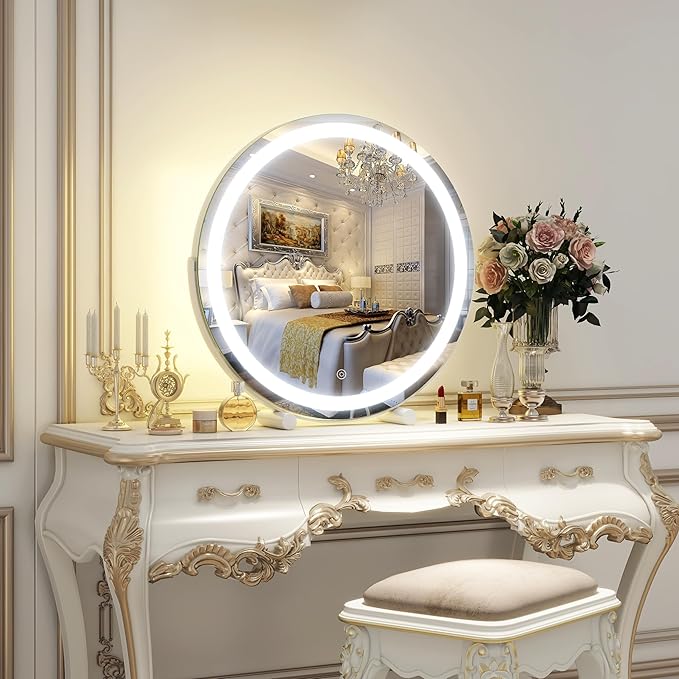 ROLOVE Makeup Mirror with Lights, 18 Inch Vanity Mirror with Lights, Lighted Makeup Mirror, Smart Touch Control Round Lighted Vanity Mirror, Tabletop ＆ Desk Mirror, Gifts for Women, Wife, Mom, Girls
