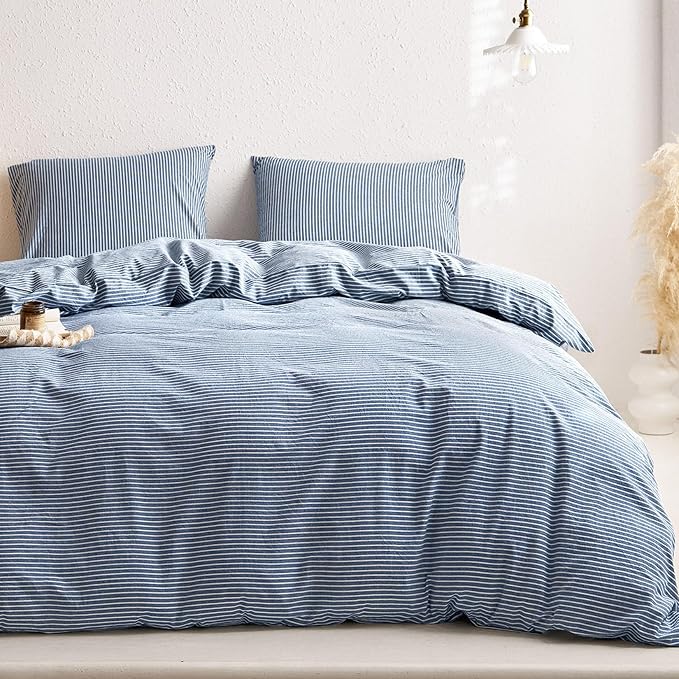 Wake In Cloud - Striped Cotton Duvet Cover Set, 100% Washed Cotton Textured Percale Bedding Set, Ticking Stripe Pinstripe Farmhouse, 3 Pieces, Denim Blue, Full Size