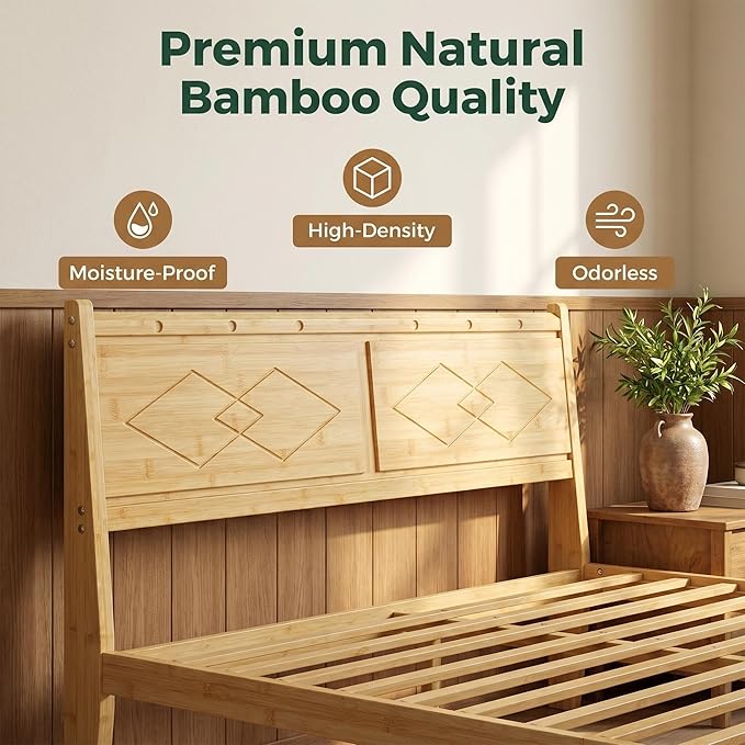Askeld 14 inch Bamboo Queen Bed Frame with Headboard, Light Cottagecore Solid Wood Platform Bed with Heavy Duty Metal Slats, No Box Spring Needed, Easy Assembly, Noise Free