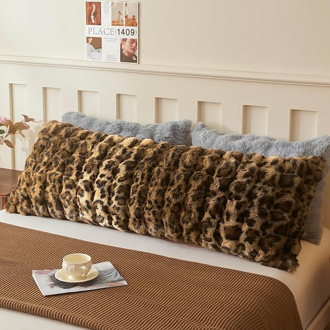 LIFEREVO Leopard Print Faux Rabbit Fur Body Pillow Cover 20 x 54, Cheetah Print Waffle Bubble Bed Pillowcase with Zipper, Long Fuzzy Furry Farmhouse Pillow Case for Pregnant Women Side Sleeper, Brown