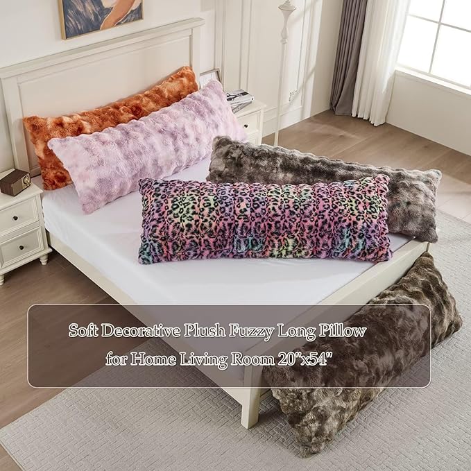 Luxury Shaggy Faux Fur Body Pillow,Fluffy Bed Pillow with Zipper Closure,Soft Decorative Plush Full Long Pillows,Fuzzy Hug Pillow for Living Room Side Sleeper & Pregnancy 20"x54" Tie-dye Coffee