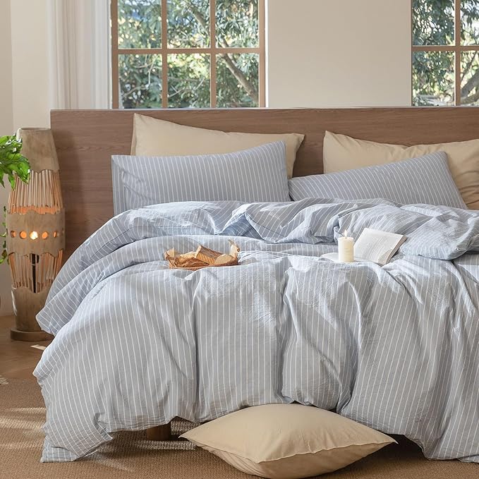 MooMee Striped Duvet Cover Set 100% Washed Cotton Linen Like Textured Breathable Durable Soft Comfy (Cornflower Blue White Wide Stripes, Full 80"x90")
