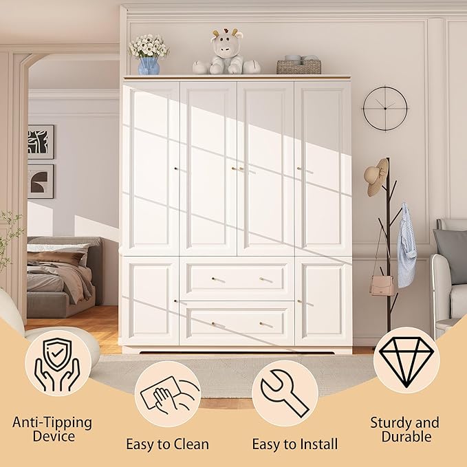 Bedroom Armoire Wardrobe Closet with Drawers: White Wardrobe Closet for Hanging Clothes, Large Wardrobes Storage Closets, Wood Closets Cabinets with Doors and Shelves (White, 59")