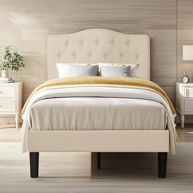 VECELO Twin Size Platform Bed Frame with Fabric Upholstered Headboard and Wooden Slats Support, No Box Spring Needed/Easy Assembly,Beige