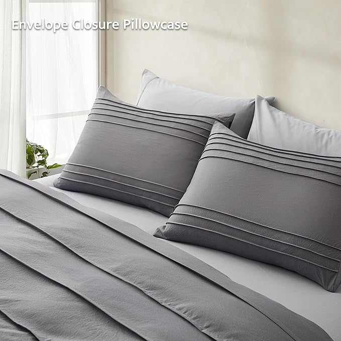 Oli Anderson Grey Duvet Cover King Size - Pleated King Duvet Cover, 3PCS Soft and Breathable Textured Bedding Set with Zipper Closure(Grey,104"x90")