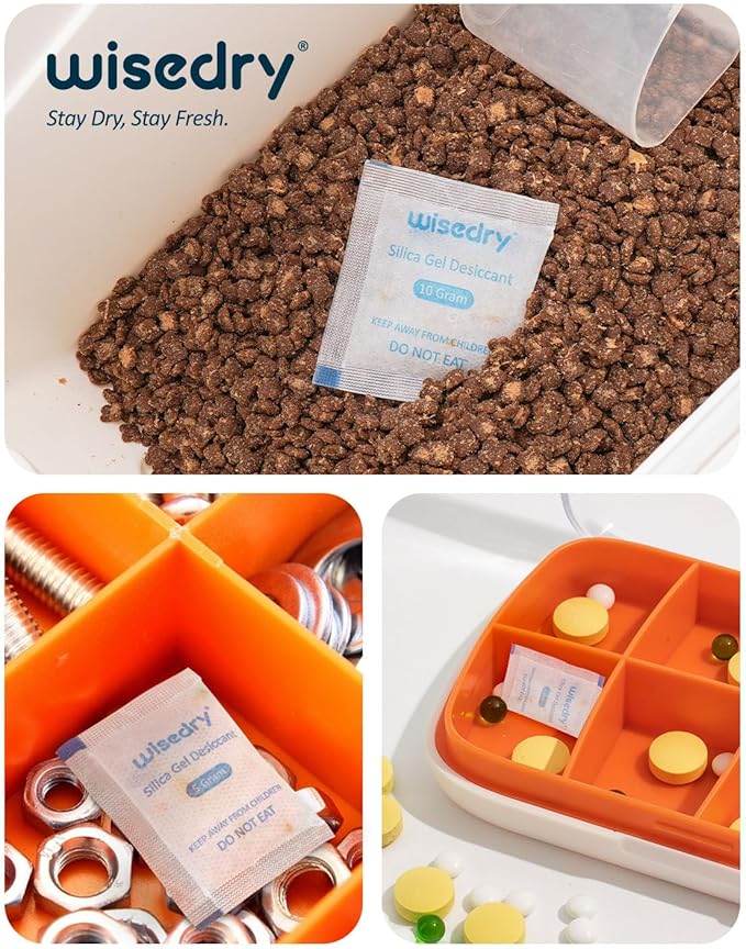 wisedry 5 Gram (60 Pack) Food Grade Silica Gel Packets with Color-Indicating Beads, Rechargeable Food Safe Desiccant, Reusable Moisture Absorbers for Food Storage, Electronics, 3D Filament & Safe