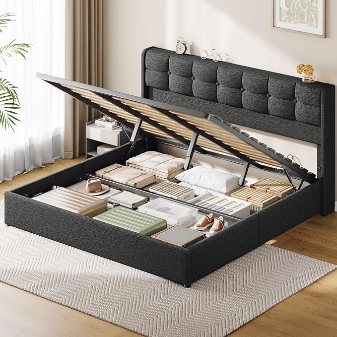 Lift Up King Size Bed Frame with Storage, Upholstered King Bed Frame with Wingback Headboard, No Box Spring Needed, Easy Assembly - Dark Grey