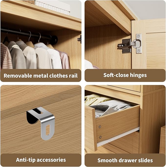 GarveeHome Armoire Wardrobe Closet with Drawers, 69.5 in Wooden Wardrobe Cabinet with Hanging Rod, 2 Doors Clothing Storage Cabinet for Bedroom, Large Capacity Storage, Louvered Door, Natural