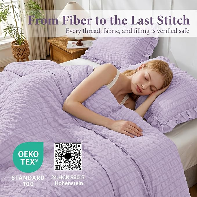 JOLLYVOGUE Lavender Comforter Full Size, 3 Pieces Seersucker Lightweight Full Size Bedding, All Season Fluffy Microfiber Bedding Comforter Set with 1 Ruffle Comforter and 2 Ruffle Pillowshams