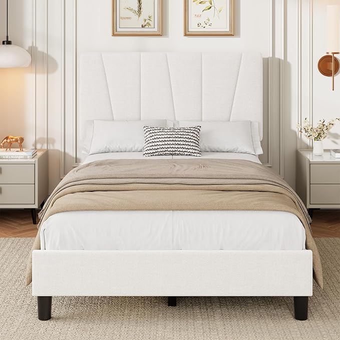 Twin Size Upholstered Platform Bed Frame with Adjustable Headboard for Kids, Fits 8-14 Inch Mattress, Heavy Duty Bed Frame with Wooden Slats Support, Noise-Free, Non-slip, No Box Spring Needed