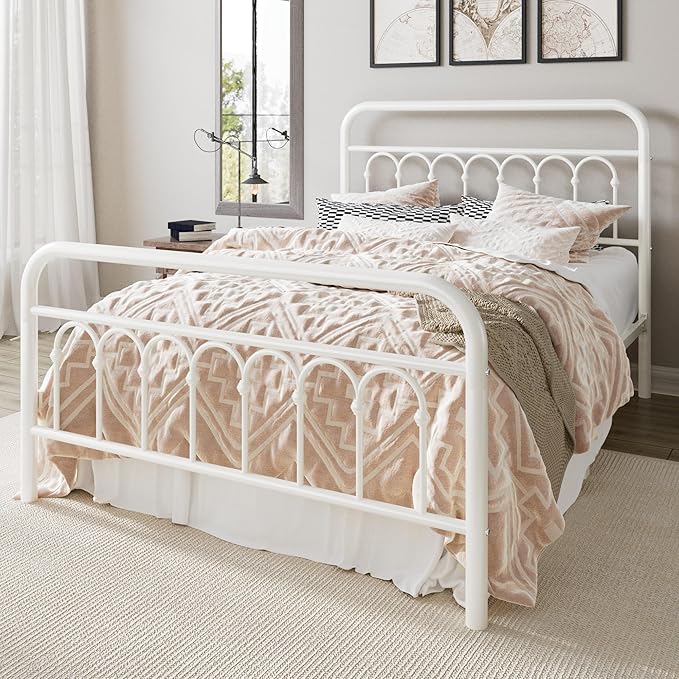 Allewie 14 Inches Full Size Metal Platform Bed Frame with Victorian Style Curved Iron-Art Headboard/Footboard, Easy Assembly, Under Bed Storage, No Box Spring Required, Cream White